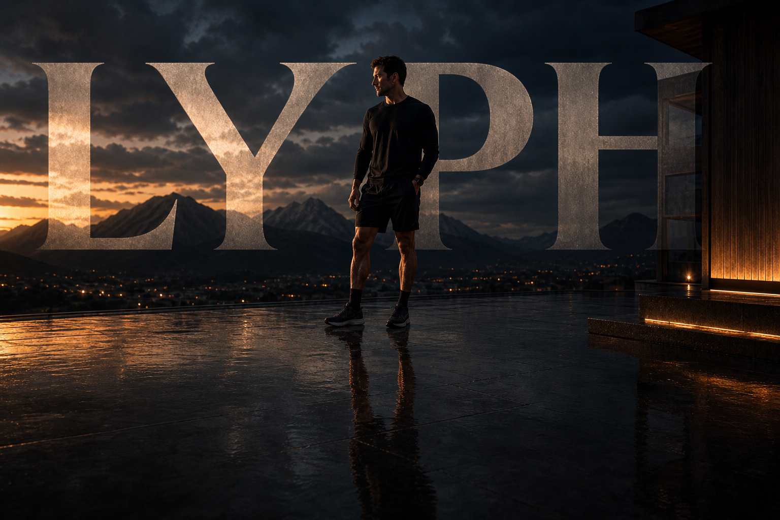 A man on a rooftop at dusk standing in front of a giant LYPH wordmark
